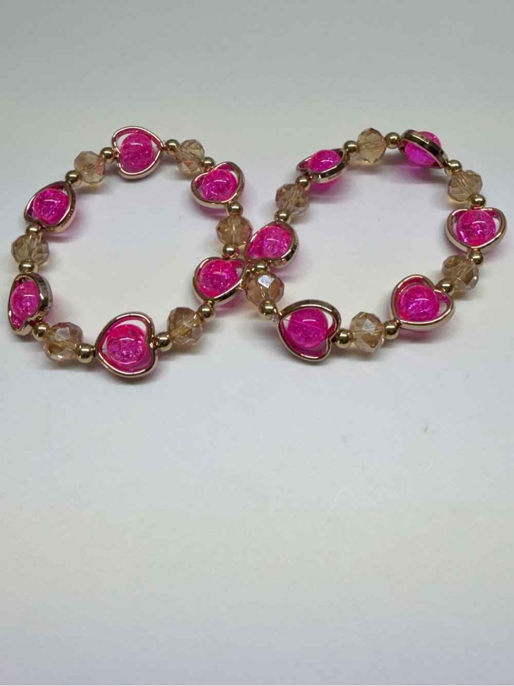 (2) Gold-Plated Pink Heart Beaded Stretch